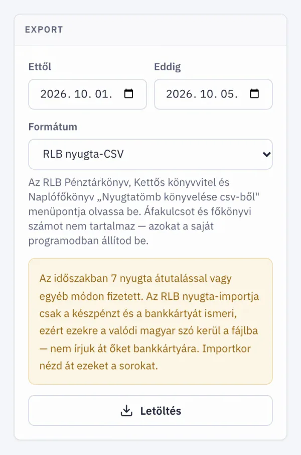 Export: időszak kiválasztása és az RLB nyugta-CSV formátum