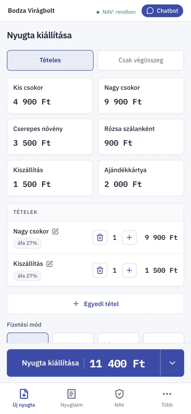 Nyugta kiállítása telefonon, szolgáltatás-csempékkel