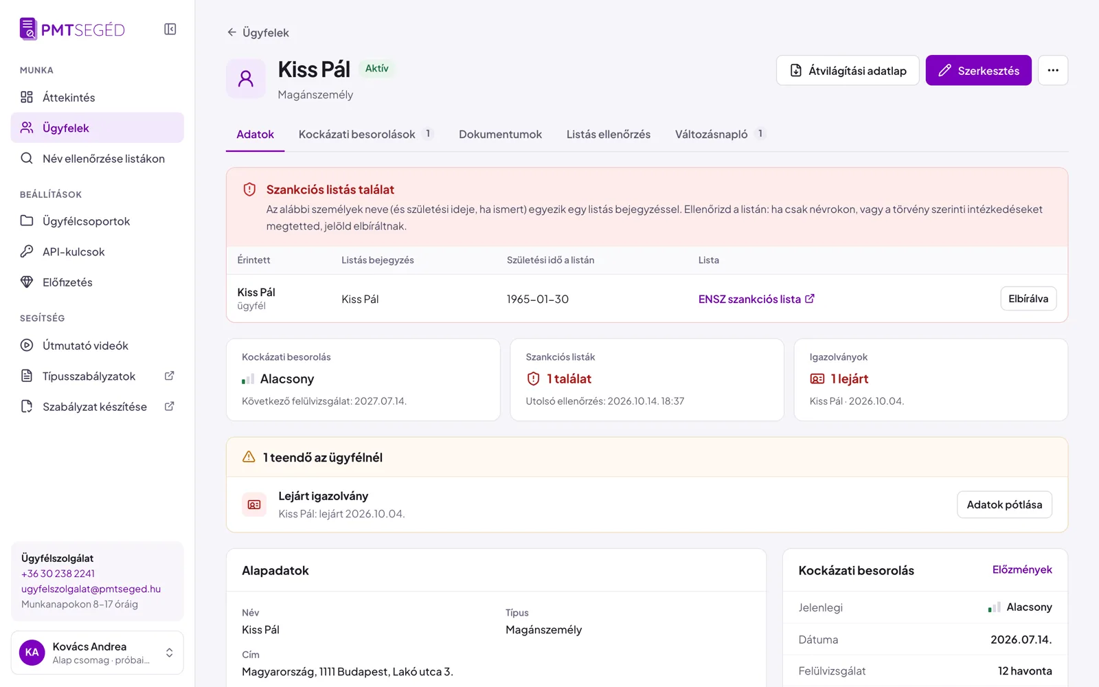 Ügyfél-adatlap szankciós listás találattal és az „Elbírálva” gombbal