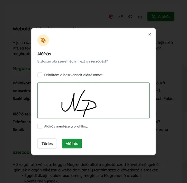 Az aláírás párbeszédablaka a virtuális aláírópanellel