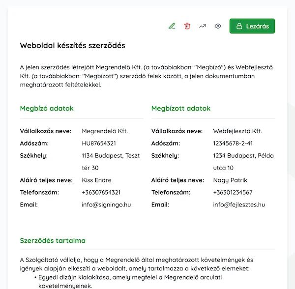 Egy szerződés felülvizsgálata a megbízó és a megbízott adataival