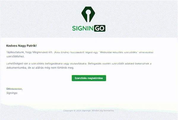 A partnernek kiküldött meghívó email a „Szerződés megtekintése” gombbal
